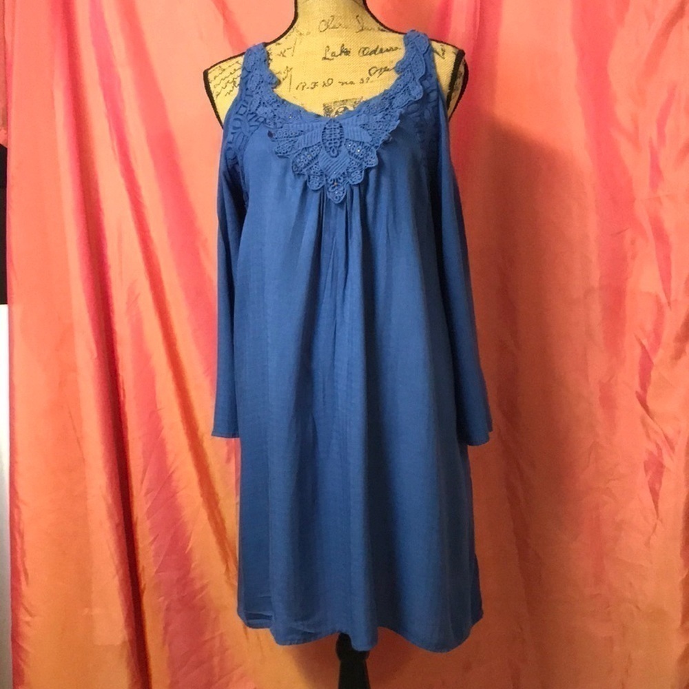 KNOX Rose Women’s Dress/Long Tunic Size L Blue Lace Trim Cold Shoulder Boho